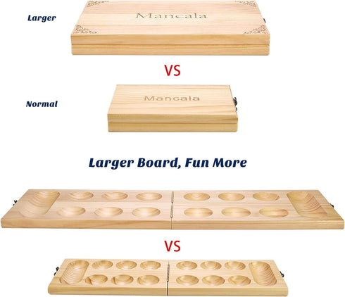 Set 72+8 Package AMEROUS Wooden Mancala Board Game - Upgraded Larger Size - Bonus Multi Color Glass Stones - Folding