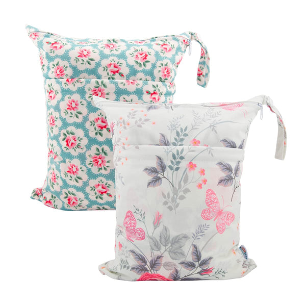 ALVABABY 2pcs Waterproof Cloth Diaper Wet Dry Bags with Two Zippered Pockets for Travel, Beach, Pool, Daycare