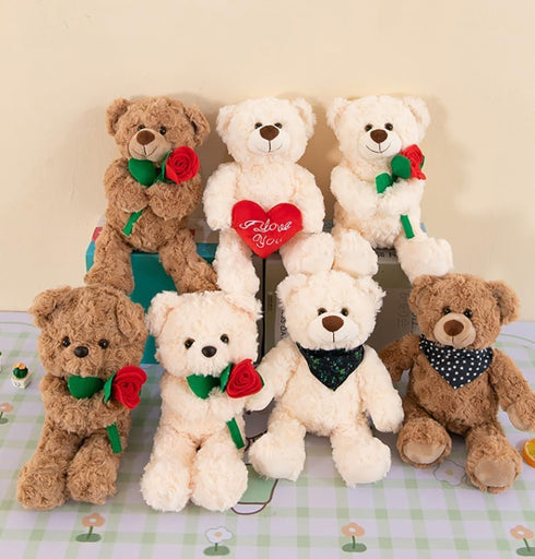 Teddy Bear Stuffed Animal with Rose, Soft Cuddly Plush Bear, Gifts for Kids, Baby Shower, Valentine's Day (Brown)