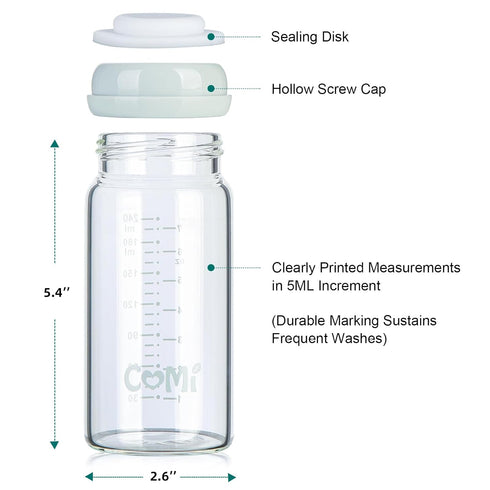 6 Packs, 8oz (3 3 COMI Wide Neck Glass Breastmilk Collection n Storage Bottle, with Screw Ring Sealing Disk;
