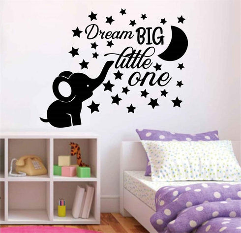 Dream Big Little One Wall Decor Stickers - Lovely Elephant and Moon Stars for Kids Room (Black)
