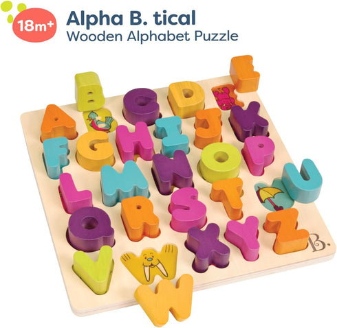 B. toys Alpha B. Tical Wooden Alphabet Puzzle - 26 Chunky Letter Pieces, Educational Toy for Toddlers