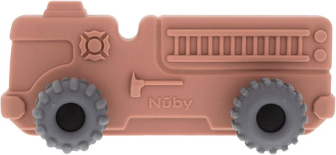 Nuby 6+ Silicone Teether Toy for Babies - Textured Teething Red Firetruck with Moving Wheels - Soothes Sore Gums