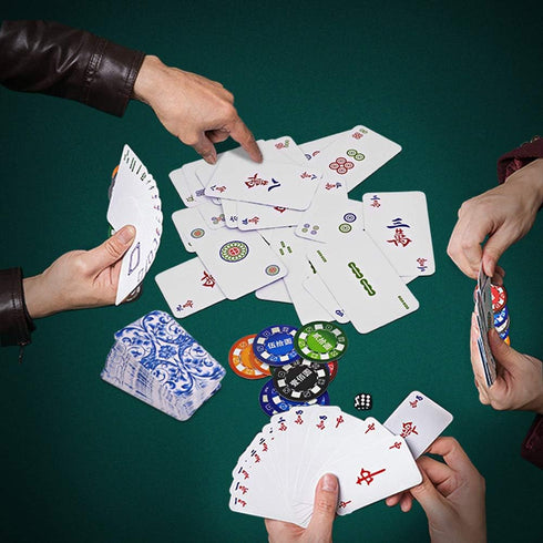 drizzle Poker Mahjong Playing Cards Table Game, Chinese Blue and White Porcelain Design, 144 Card Chips Set
