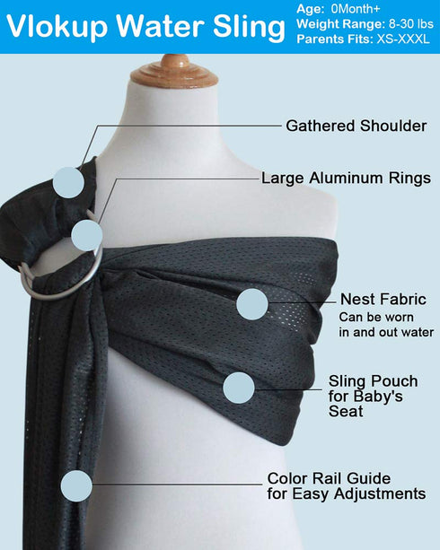 Baby Water Ring Sling Carrier, Lightweight Breathable Mesh Wrap for Infant, Newborn, Kids, Grey