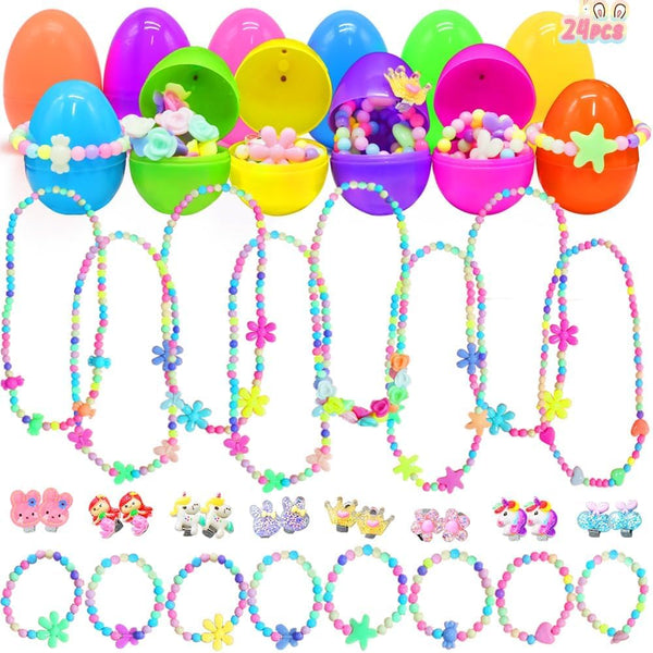 LUKBERA 24Pcs Easter Eggs with Jewelry Toys, Different Designs of Bracelets Necklaces Earrings,Suprise
