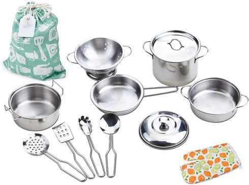 Play Pots and Pans Toys for Kids - Mini Stainless Steel Cooking Utensils Kitchen Playset for Ages 3 and Up