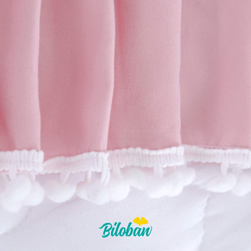 Pink Crib Skirt Pleated with White Pompoms, 14" Drop Bedding Dust Ruffle for Girls, Fade Resistant Machine Wash