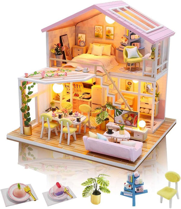 GuDoQi DIY Miniature Dollhouse Kit, Tiny House kit with Furniture and Music,