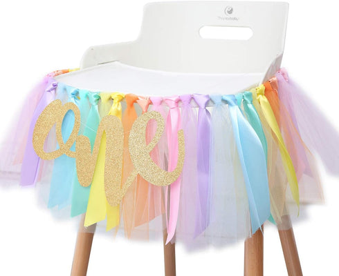 1st Pastel Rainbow High Chair Banner for Birthday - Party Supplies with Tutu Skirt and Pennant