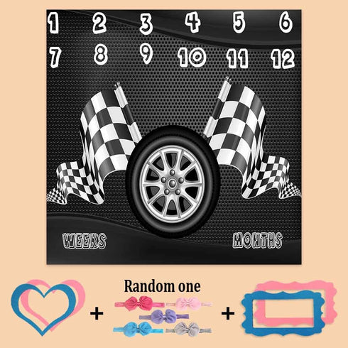 Racing Baby Monthly Milestone Blanket, Boy Racer Car Tires Black White Checkered Flag, Newborns 1 to 12 Months Unisex Include 4 Frames and 1 Headband 47"x47" BTQQPH83 by PHMOJEN