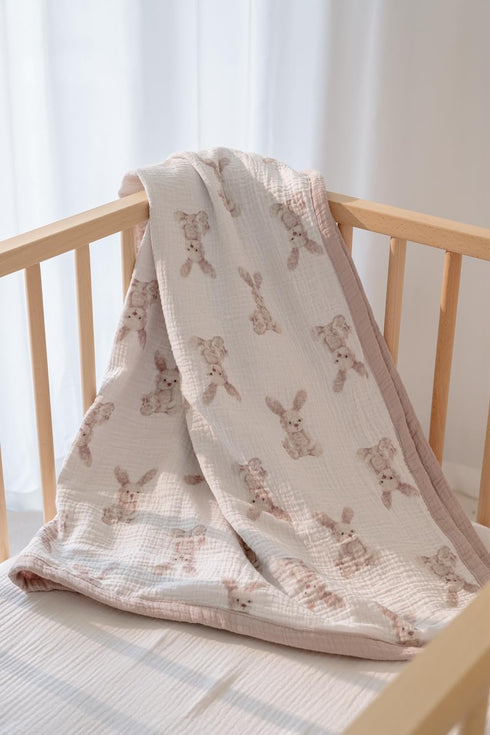 2 47"x 47" Little Jump Layers Muslin Cotton Baby Blankets - Bunny Toddler Quilt Crib Blanket - Gender Neutral Crib