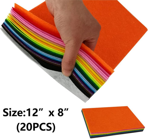 20PCS Felt Sheets 12"x8", Assorted Colors Nonwoven DIY Craft Squares, Fleece Fabric, Sewing Felt