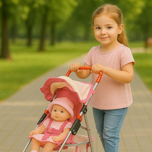 18" 2 fash n kolor My First Doll Stroller with Basket - Pink Off-White Foldable Doll Stroller - Fits Upto Dolls, Free