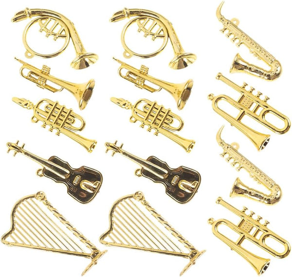 Baluue Mini Musical Instrument Ornaments - 14pcs Miniature Violin Guitar Piano Drum Trumpet Figurines