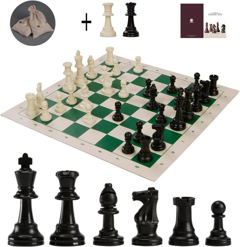 Chess Set - Plastic Chess Pieces and Green Roll-Up Vinyl Chess Board Foldable Chess Game (with Extra Queen)