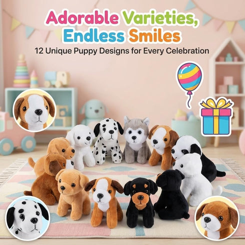(Pack 12) 6 Inches Bedwina Plush Puppy Dogs - of Tall Small Stuffed Animals Bulk Assorted Puppies and Cute Stuffed