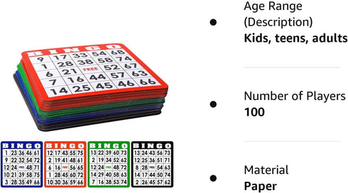 100-Pack Multi-Color Bingo Game Cards Set with Easy Read Numbers for Large Groups and Parties