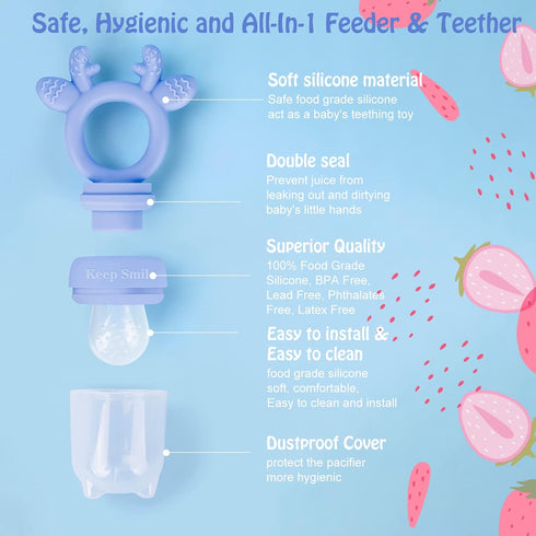Solids/Frozen 4M+, 2-Pack Baby Fruit Feeder Pacifier, Infant Teether Toy BPA-Free Silicone Pouch & Nipple, Safely