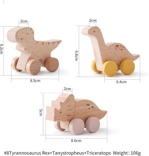 Wooden Dinosaur Cars Montessori Toys, Baby Push Car Toys, Developmental Infant Grasping Toys (3PCS)