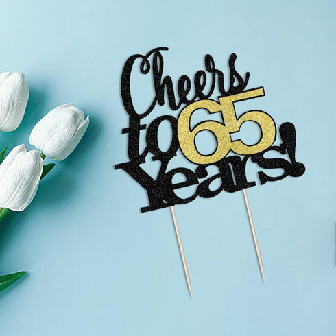LVEUD Black Font Golden Numbers Cheers to 65 Years Happy Birthday Cake Topper for Wedding, Anniversary, Birthday Party