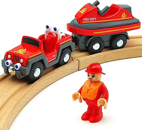 Wooden Train Cars Track Accessories Set, Rescue Fire Truck with Light and Sound for Boys and Girls