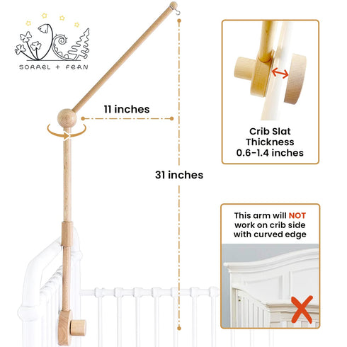 (31 inch, 100% Baby Crib Mobile Arm Wooden Holder - Baby Mobile Hanger for Crib Natural Beechwood) Strong Anti Slip