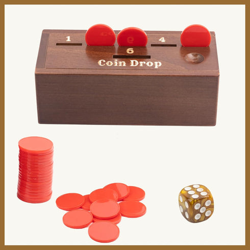 Wooden Coin Drop Game with 50 Coins, Game Box, and 1 Dice for 2-6 Players - Fun Family Board Game