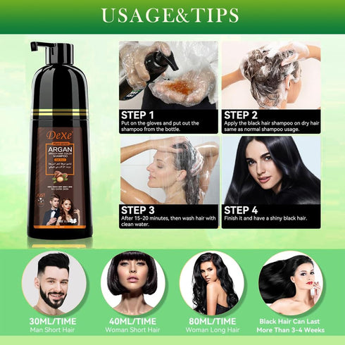 Instant Black Hair Dye Shampoo for Gray Hair Coverage | Hair Color Shampoo for Men/Women | 3 in 1-100% Grey Cover,