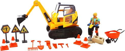 Cat Workforce Excavator Action Set, 23-Piece Kids Construction Toy Playset with 4-Inch