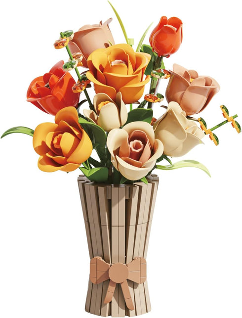 Store Set 868PCS Bagari Roses Bouquet Building - Artificial Flowers Building Blocks with Vase, Compatible with Lego Kit