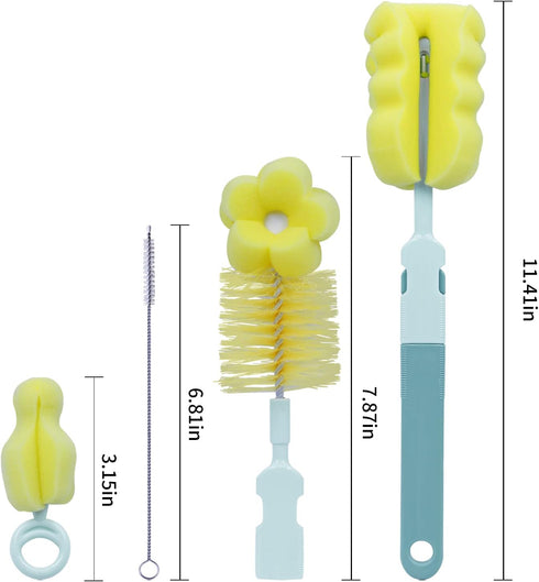 4-in-1 Set,Sponge Set Baby Bottle Brush Bottle Brush Cleaner with Nipple Cleaner,Straw Cleaning Brush,Long Handle Water