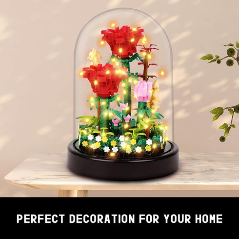 Set 596 HOGOKIDS Flower Bouquet Building with LED Lighting - PCS Red Rose with Cover Botanical Building Blocks Kits