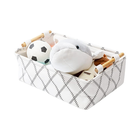 Decorative Collapsible Rectangular Fabric Storage Bin Organizer Basket - 15.4x10.6x5.1 inch, White with Wooden Handles