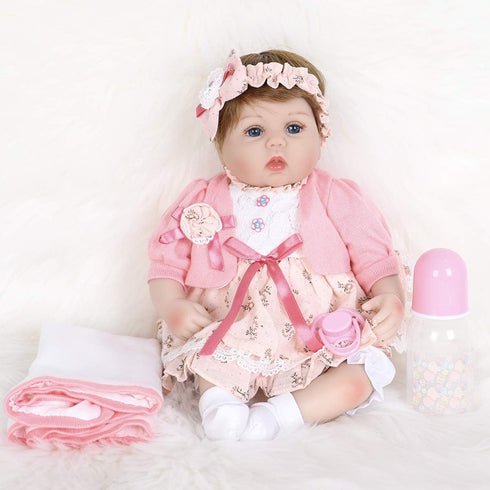 16 inch Set 3+(Pink ENADOLL Reborn Baby Doll Realistic Silicone Vinyl Baby Pink Hairband Girl Weighted Soft Body