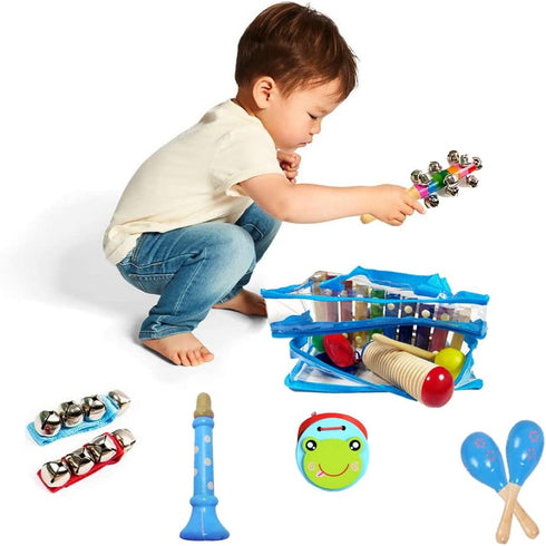 Kids Musical Instruments Set, 12pcs Wooden Percussion Toys, Tambourine & Xylophone for Early Learning (Blue)