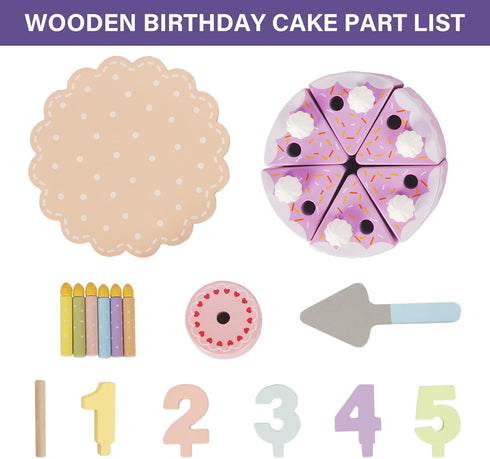 Wooden Birthday Fake Cake with Candles and Numbers - Pretend Play Food for Toddlers 1-3, Tea Party Learning Kitchen