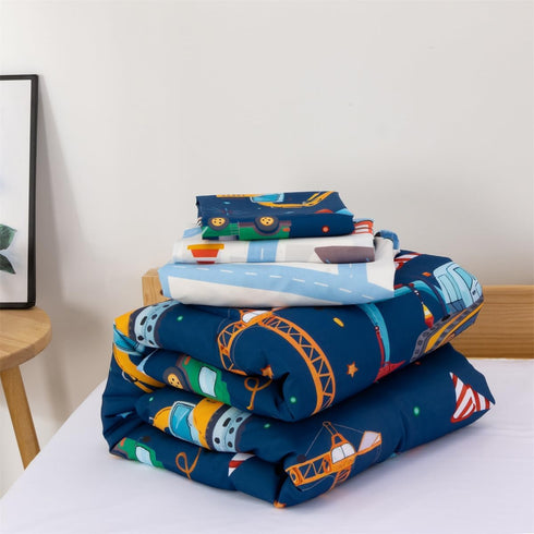 4 Set NTBED Pieces Construction Truck Toddler Bedding for Baby Boys, Flags Vehicles Excavator Cars Printed, Includes