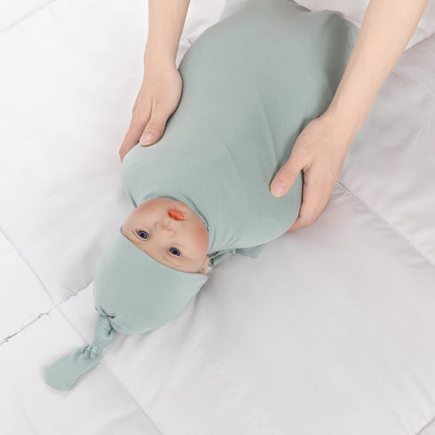 Large Jersey Knitted Swaddle Blanket for Baby, Soft Stretchy Receiving Blanket with Hat, 47 x 47 inches (Seafoam)