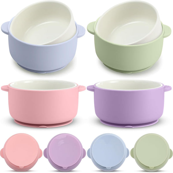 Domensi 4 Sets Kids Porcelain Bowls with Suction Sleeves Toddler Suction Bowl