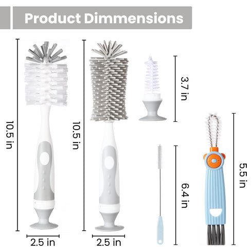5-in-1 Set, Ariseno Baby Bottle Cleaner Including Nylon & Silicone Bottle Brush, Cap, Straw & Nipple Brushes, BPA-Free