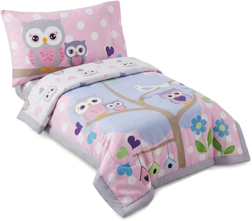 4 Set 100% EVERYDAY KIDS Piece Toddler Bedding - Owls - Soft Cotton Percale - Includes Comforter, Flat Sheet, Fitted