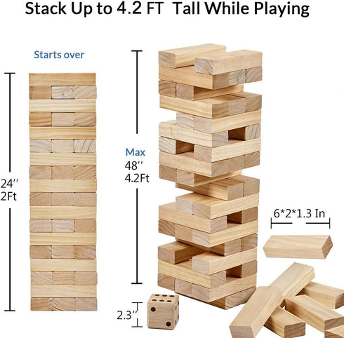 ApudArmis Giant Tumble Tower, 54 PCS Pine Wooden Stacking Timber Game with 1 Dice Set