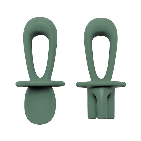 Tiny Twinkle Silicone Training Utensils, Baby Spoons and Forks for Self-Feeding, Baby Led Weaning Supplies (Olive)