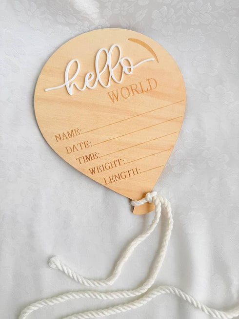 Kemmintvn Wooden Newborn Announcement Ornament, Hello World Balloon Sign with Hanging Rope, Birth