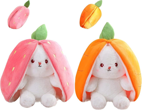 2PCS Reversible Plush Toy Pillow, Cute Carrot Strawberry Bunny Plush with Zipper, 7" Birthday Gift for Kids