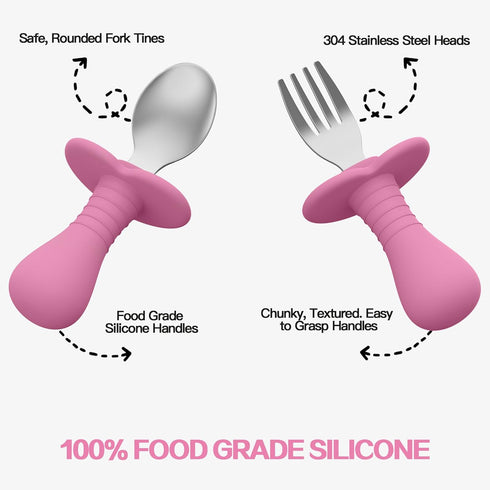 2 Pcs Toddler Utensils Set, Stainless Steel Forks and Spoons for Safe Flatware with Round Handle, BPA Free (Pink)