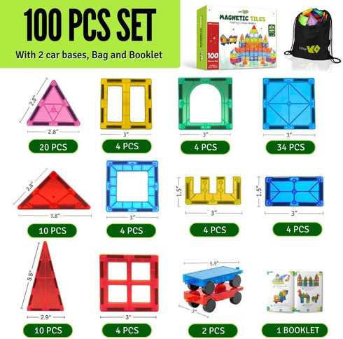 100 2 Magnetic Tiles pcs with Cars, STEM Building Blocks for Kids, Educational Gift, Magnet Construction Toys