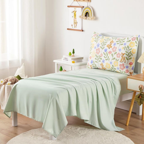 Set 4 Set Wake In Cloud - Floral Toddler Bedding for Girls, Cute Colorful Botanical Flowers with Deers, Pieces Soft