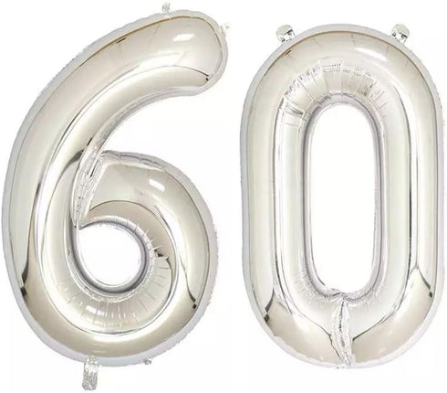 40inch Silver Foil 60 Helium Jumbo Digital Number Balloons - 60th Birthday Decoration Supplies